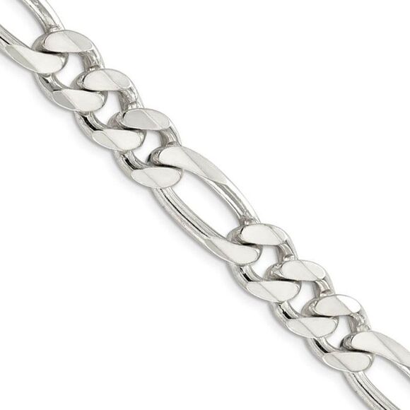 Men's 10.5mm Sterling Silver Pave Flat Figaro Chain Necklace 26 Inch